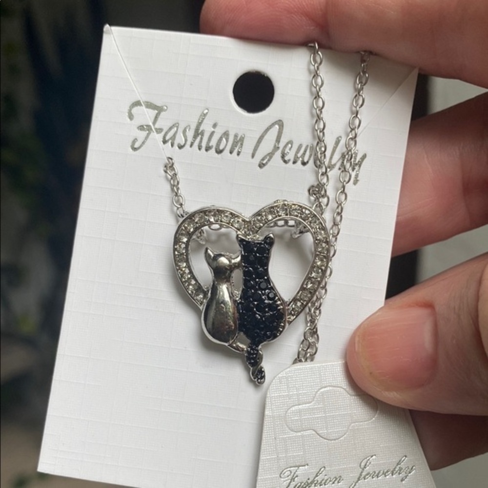 Silver and Black Cat Pendant Necklace